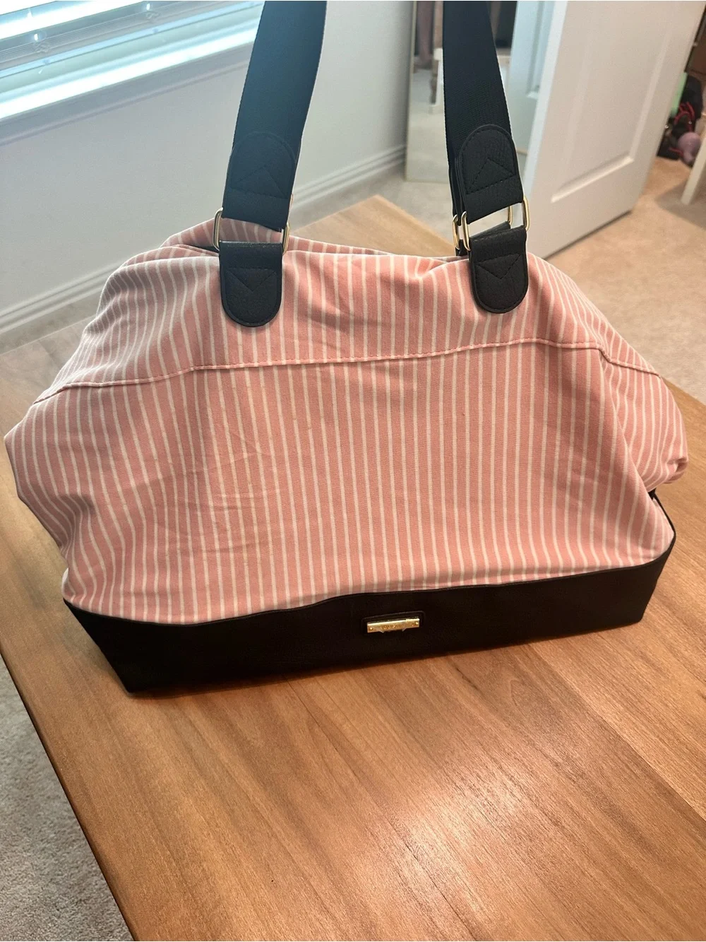 Madden Girl Pink Stripe and Black Trim Duffel Bag
